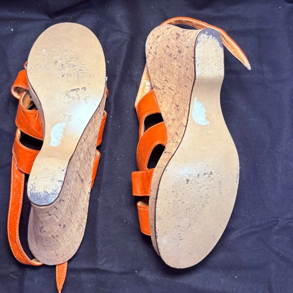 Salamander Orange Leather Strappy Cork Wedge Sandals Womens 7.5 Made‎ in Germany